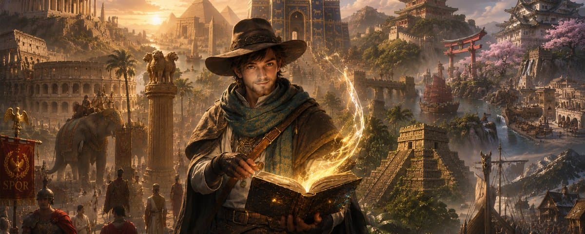 The Magical Book: a guide holding a glowing open book in front of ten ancient civilizations.