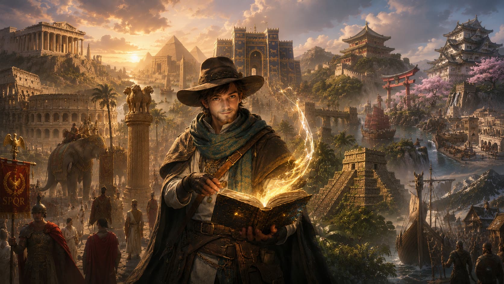 The guide holds a glowing open book while the monuments of ten ancient civilizations rise behind him.
