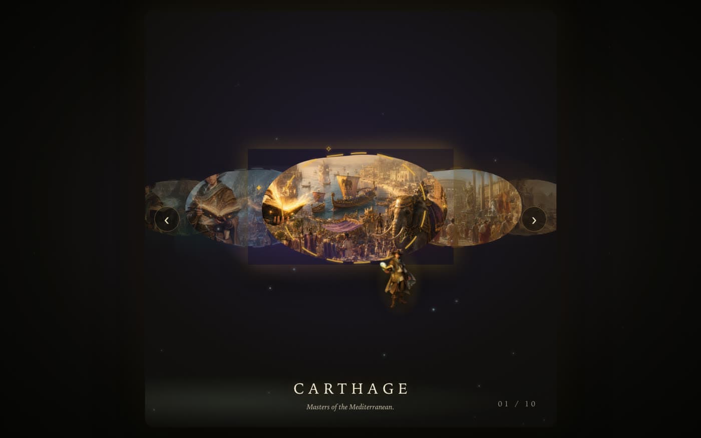 The open-book atlas: elliptical portals receding into mist, with Carthage focused and the guide floating below.