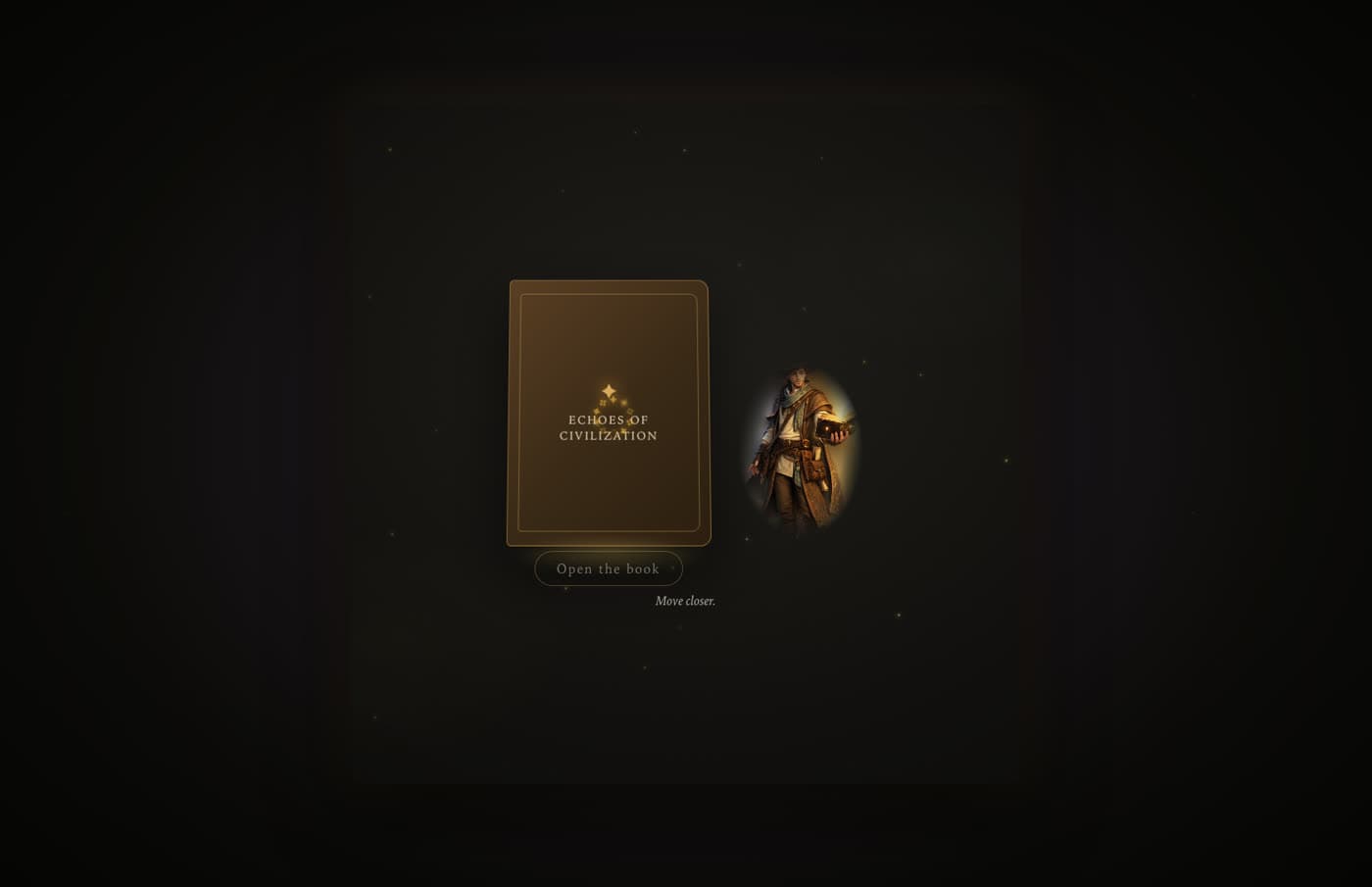 The closed book on a dark stage beside the guide, with the prompt to open the book.