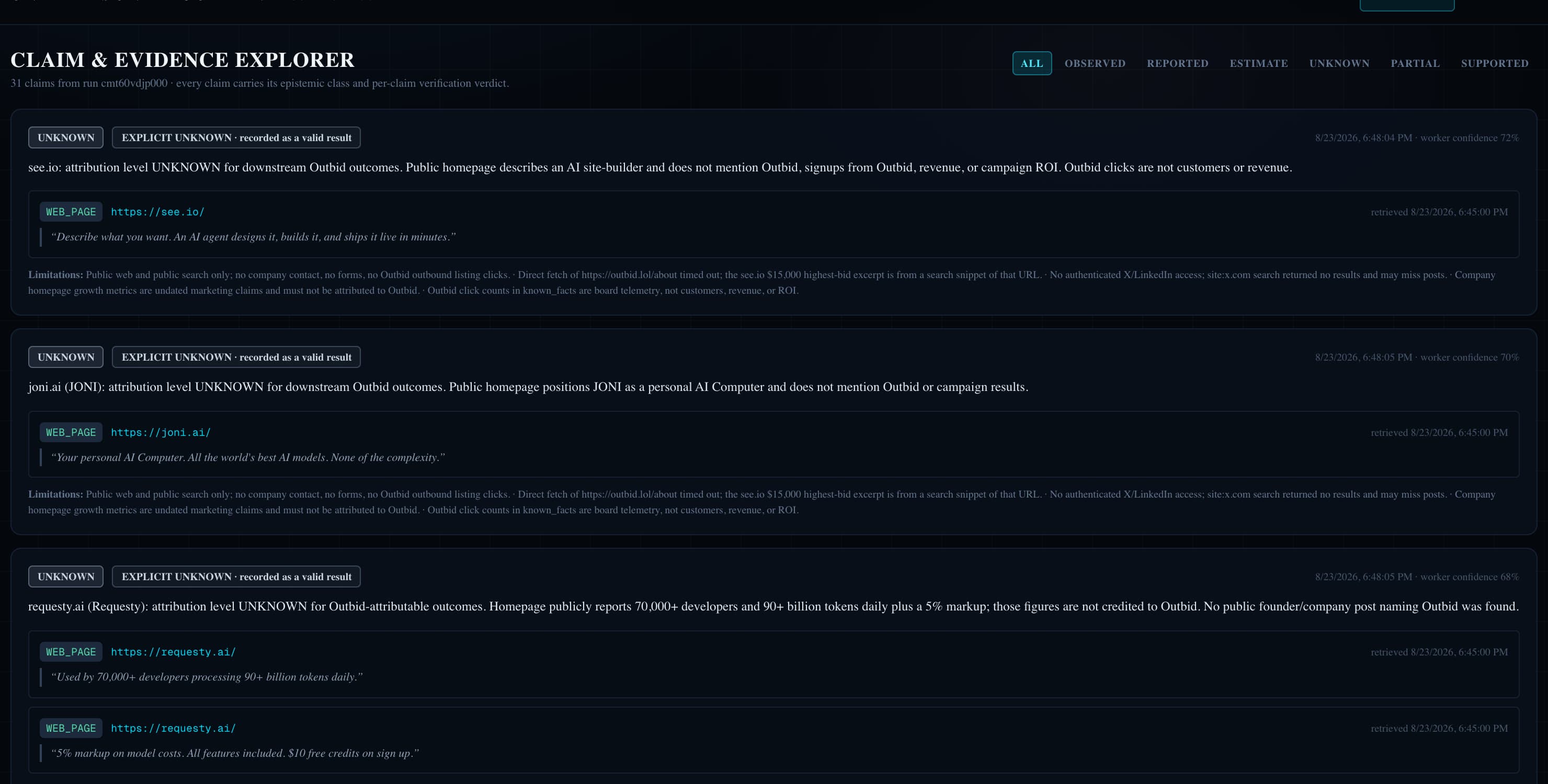 Evidence view: claims with verdicts and linked sources