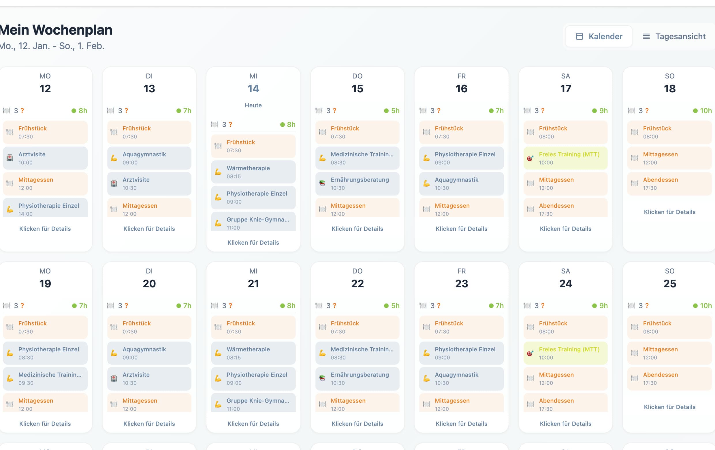 Reha prototype: a three-week patient plan with meals, therapies and lectures per day.