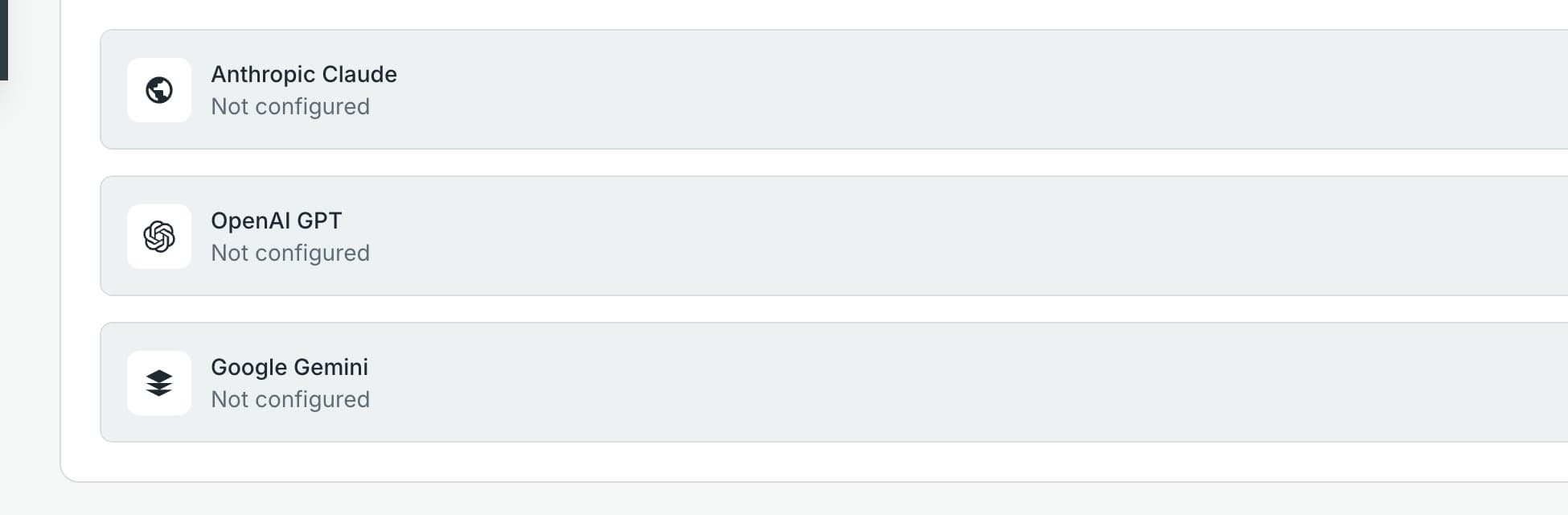 Settings, LLM API keys: bring your own key for Anthropic Claude, OpenAI GPT and Google Gemini.