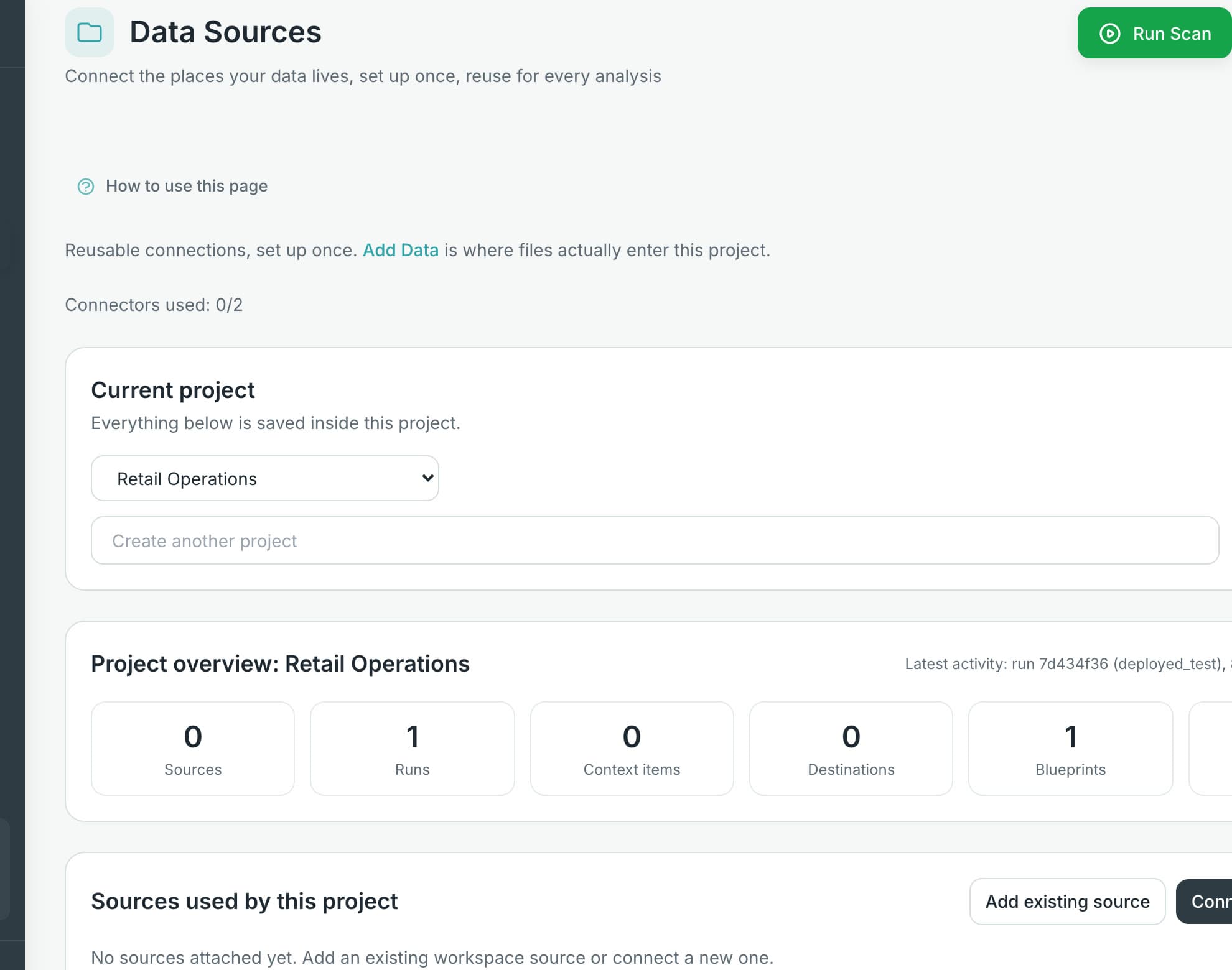 Data Sources page: current project selector, project overview counts for sources, runs, context items, destinations, blueprints and metrics.