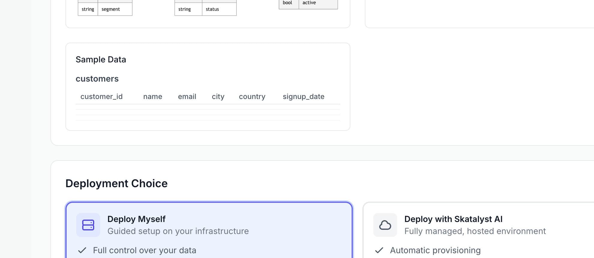 Deployment choice: deploy myself with full control, downloadable schemas and step-by-step instructions, or deploy with SKatalyst AI managed hosting.