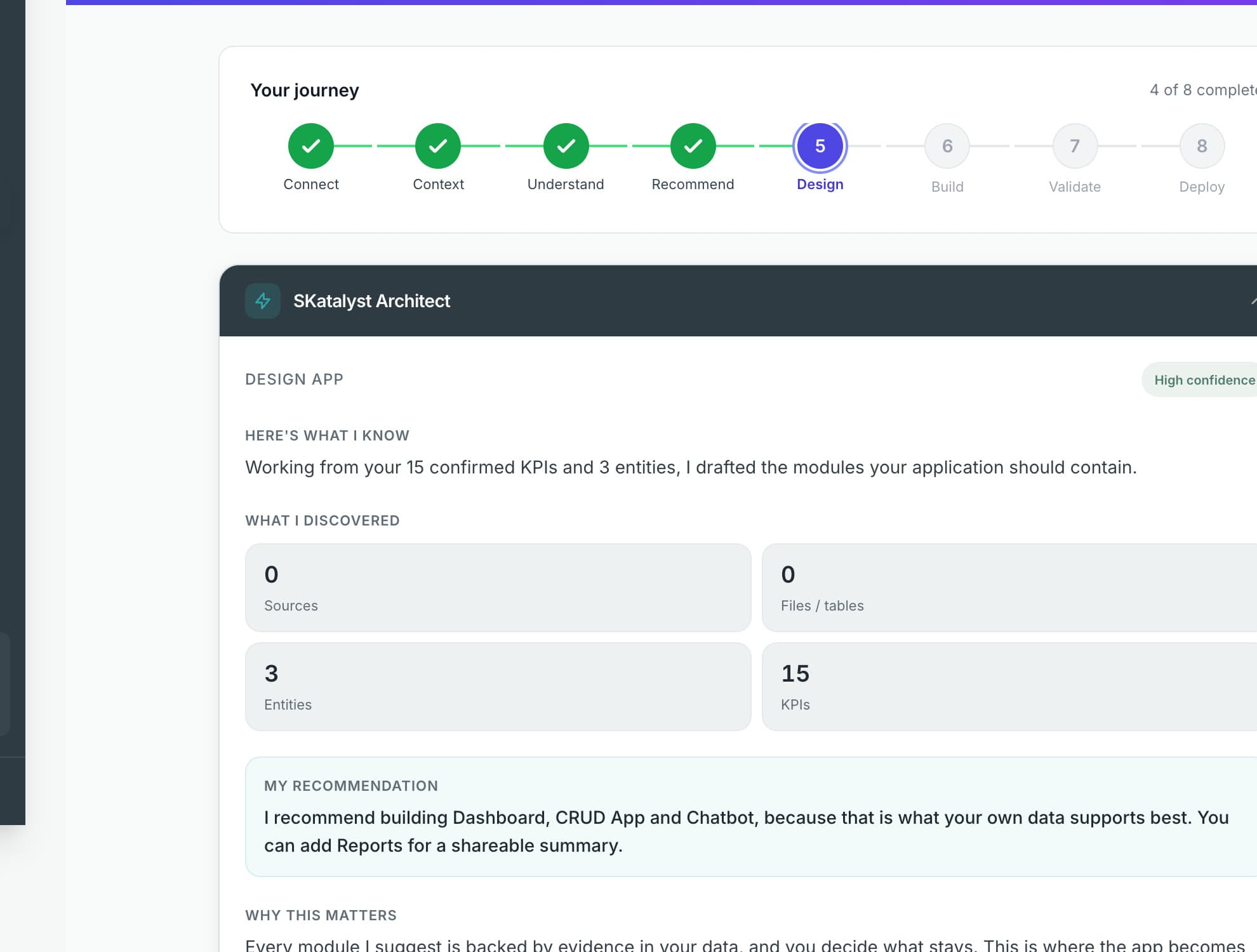 Design step with the eight-step journey stepper at the top and the SKatalyst Architect panel: what I discovered, my recommendation, why this matters.
