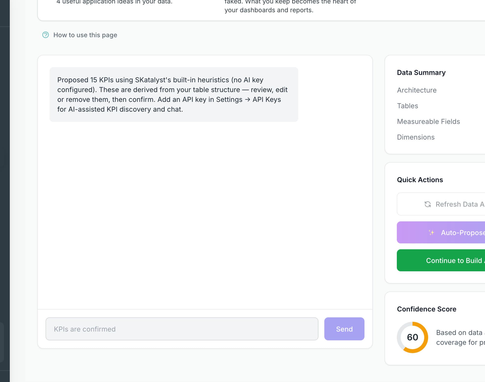 KPI discovery: the assistant proposes KPIs from three tables and five measurable columns, with a data summary and confidence score.