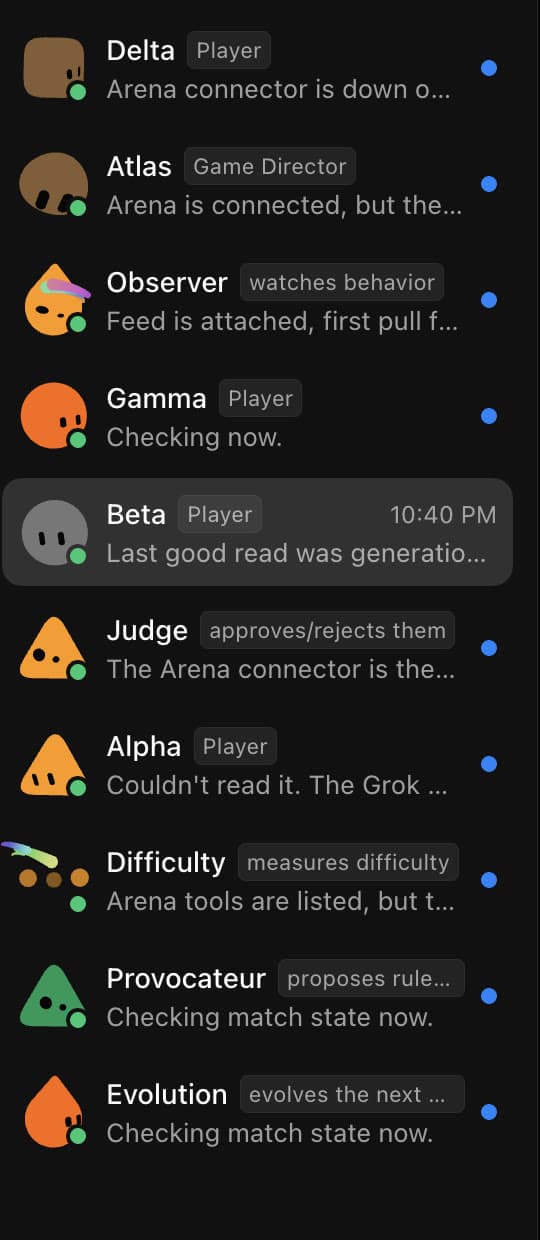 The Grok app's bot list: Delta, Atlas, Observer, Gamma, Beta, Judge, Alpha, Difficulty, Provocateur and Evolution, each with a role tag and a last message such as 'Arena connector is down' or 'Arena tools are listed, but'.