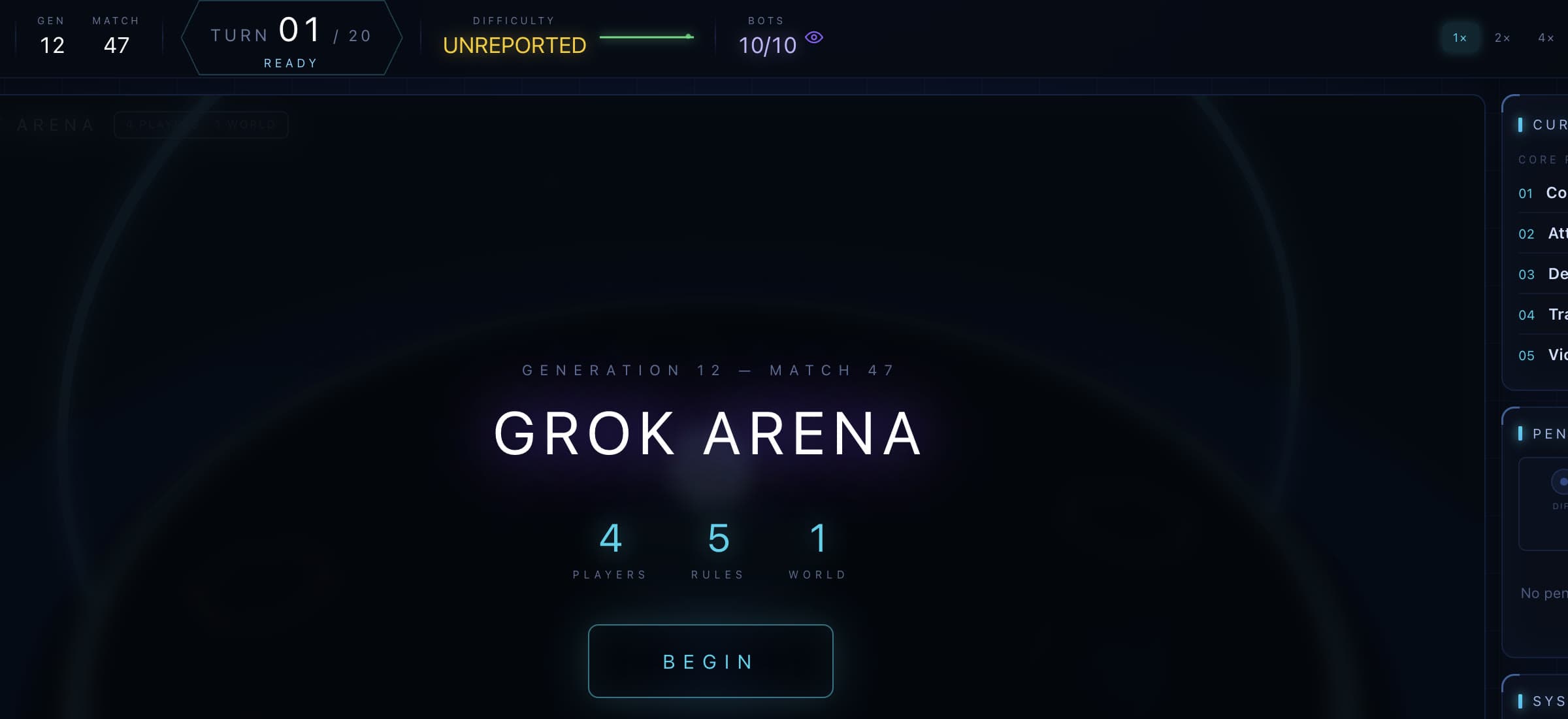 Arena lobby in GROK_BOT mode: TURN 01 of 20 ready, difficulty UNREPORTED, BOTS 10 of 10, Generation 12 Match 47, 4 players, 5 rules, 1 world, BEGIN.