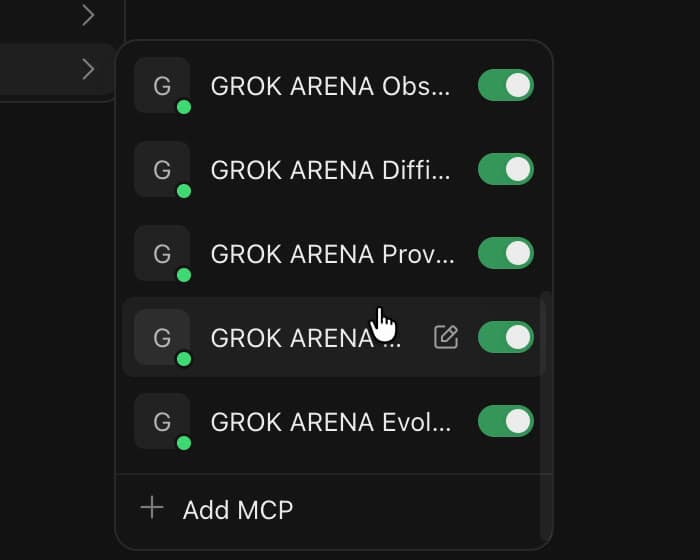 MCP servers panel in the Grok app listing GROK ARENA Observer, Difficulty, Provocateur, Alpha and Evolution connectors, each enabled.
