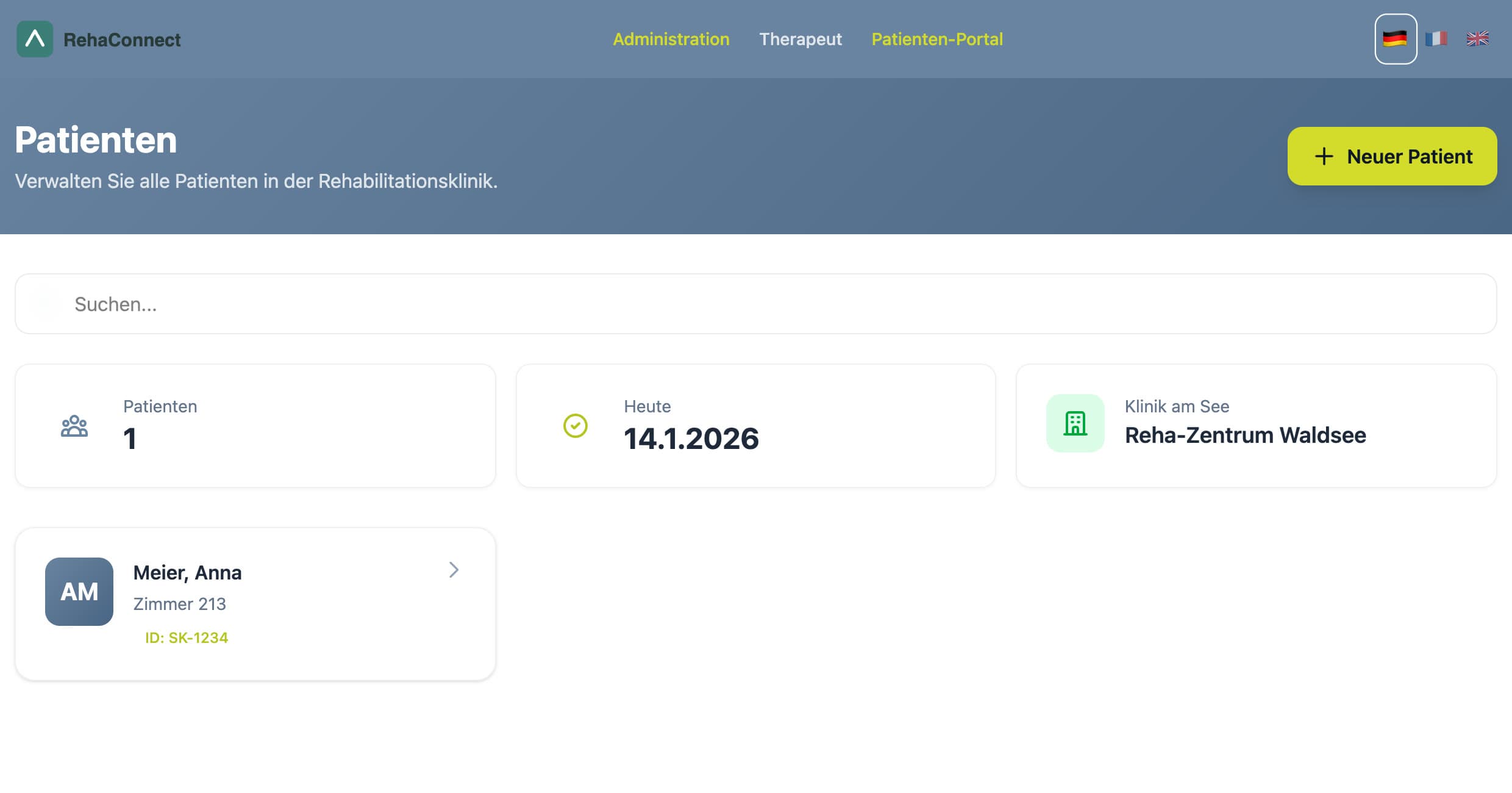 Patients page backed by the API: search, patient count, today's date and a patient card with room and ID.