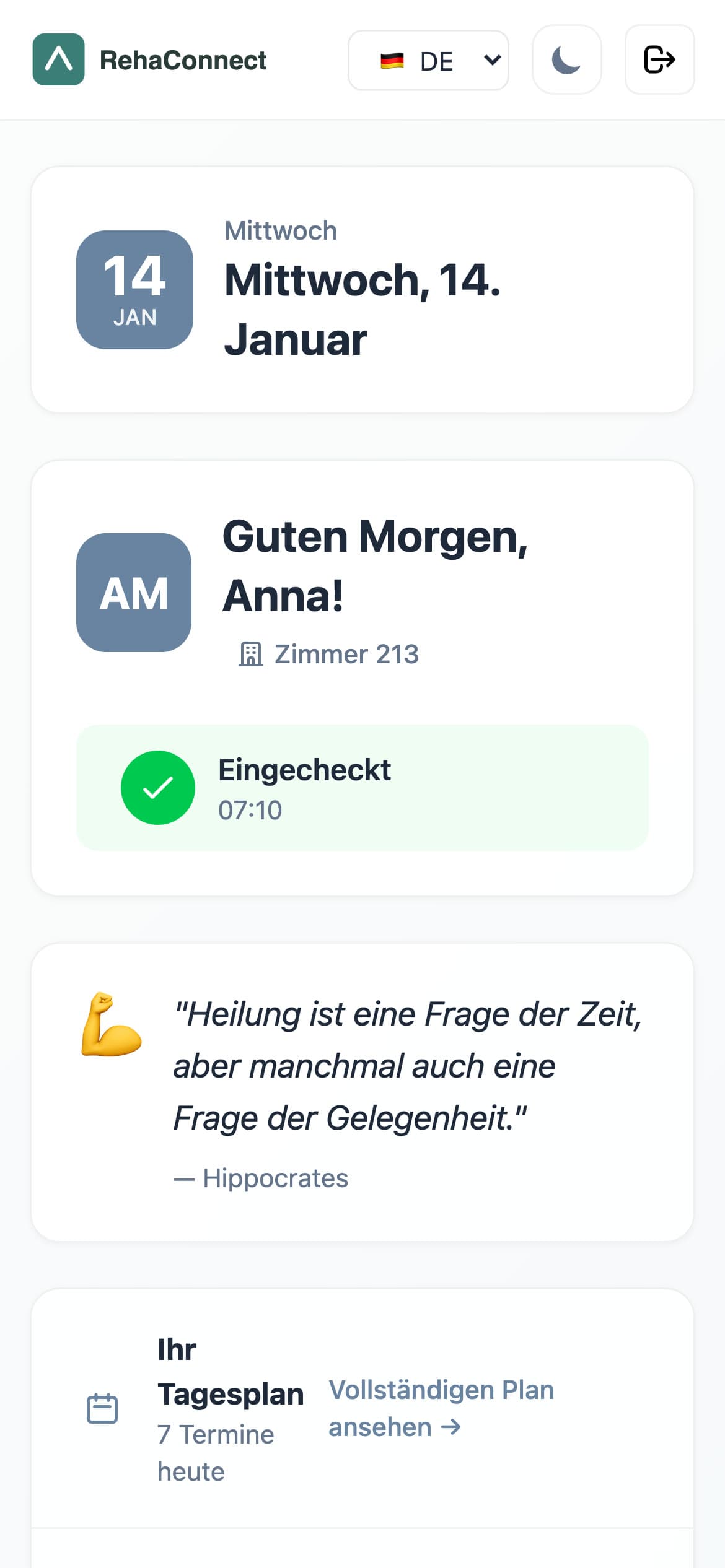 Phone dashboard: date card, greeting with room number and checked-in state.