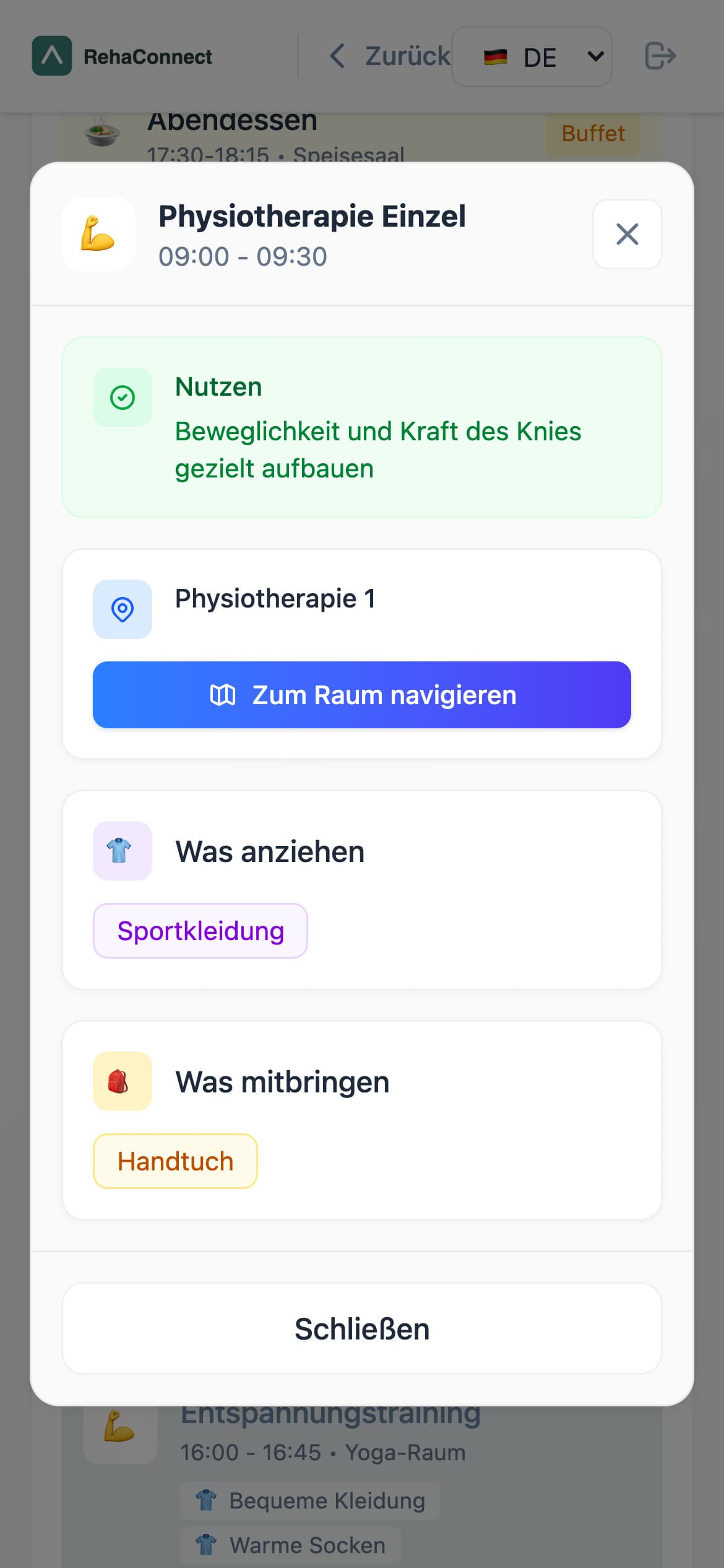Phone view of a session detail: Physiotherapie Einzel 09:00 to 09:30, benefit, room with navigation button, what to wear, what to bring.