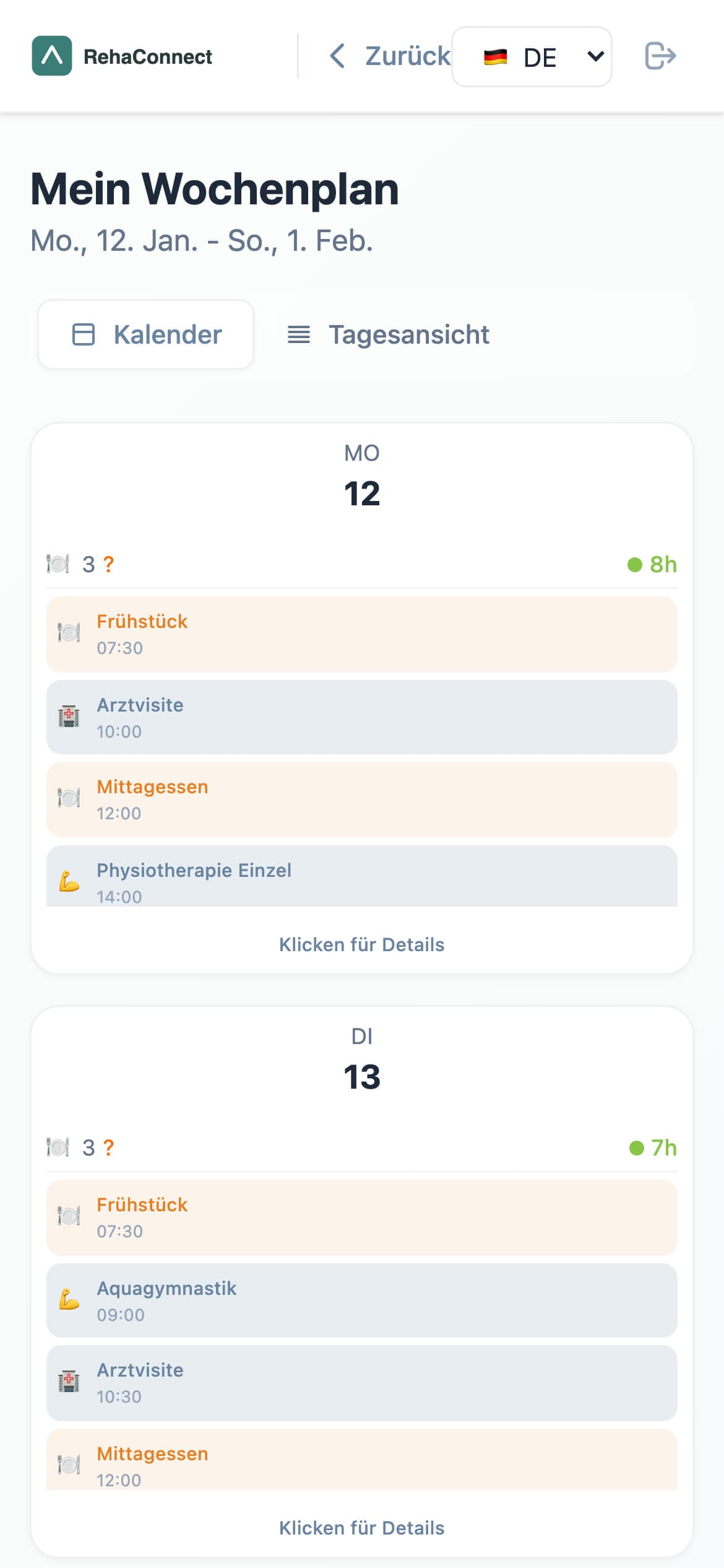 Phone weekly plan: calendar and day-view toggle with the days of the stay.