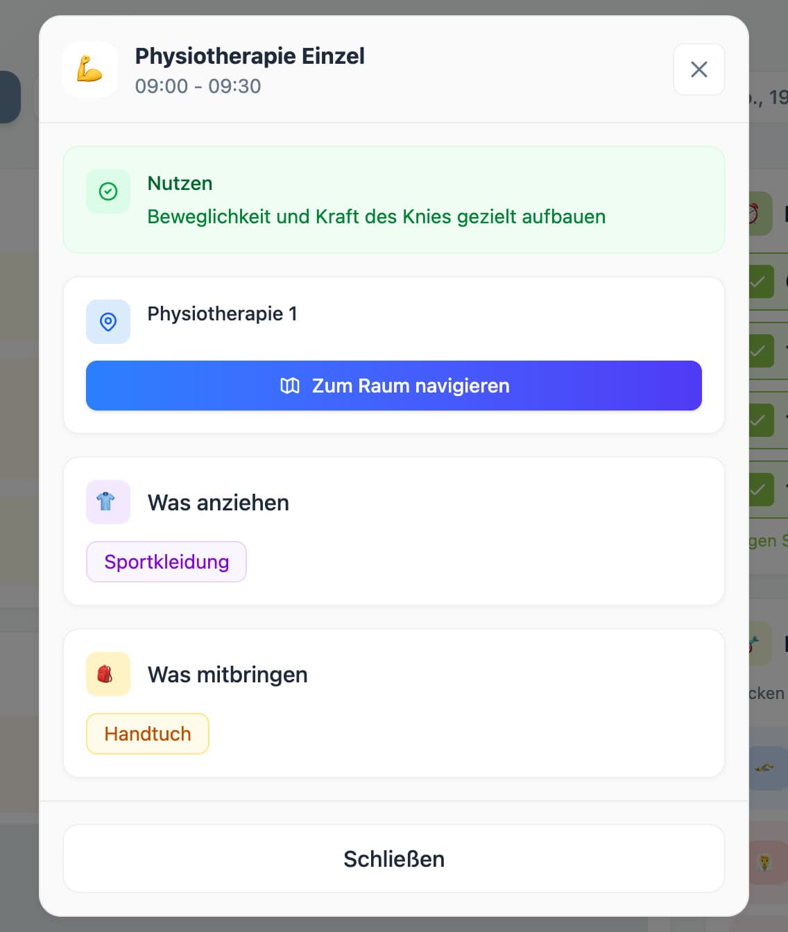 Session detail card: Physiotherapie Einzel 09:00 to 09:30, benefit, room Physiotherapie 1 with a navigate-to-room button, what to wear: sports clothes, what to bring: towel.