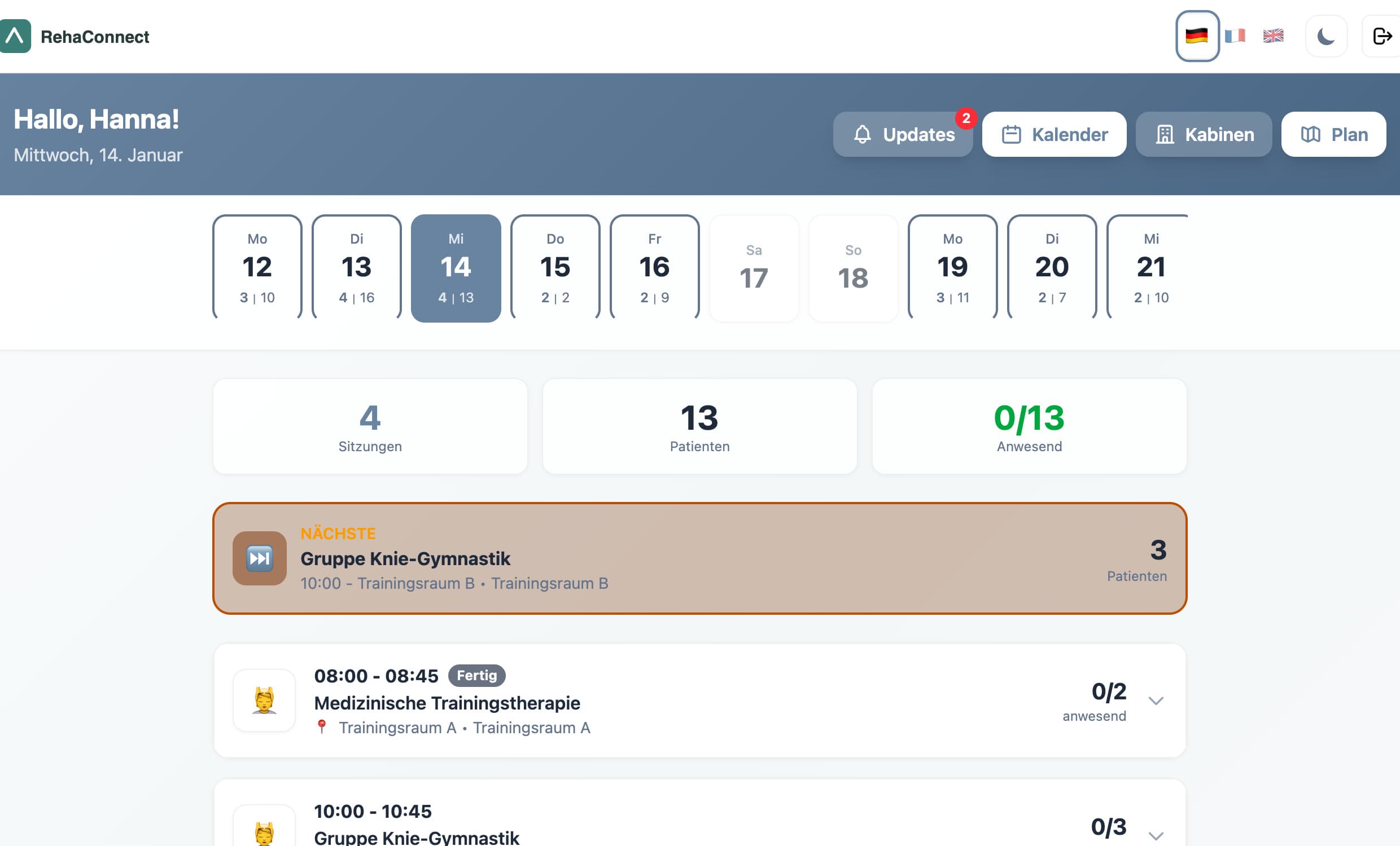 Therapist dashboard: greeting, day strip with sessions and patients per day, counters for sessions, patients and attendance, and the session list of the day.